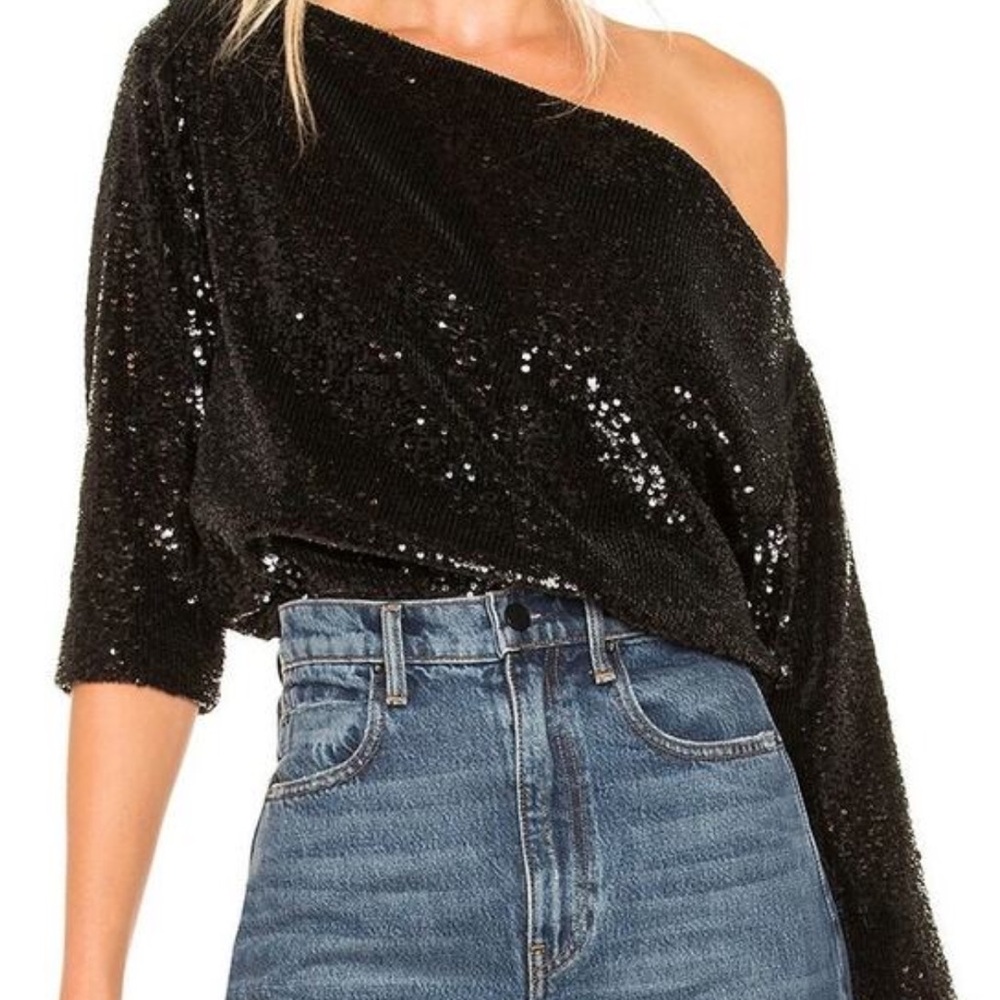 A.L.C. Black Sequin Zoey Boat Neck Fun Shimmer Sparkle Party Blouse Top Size 0 - Picture 2 of 12